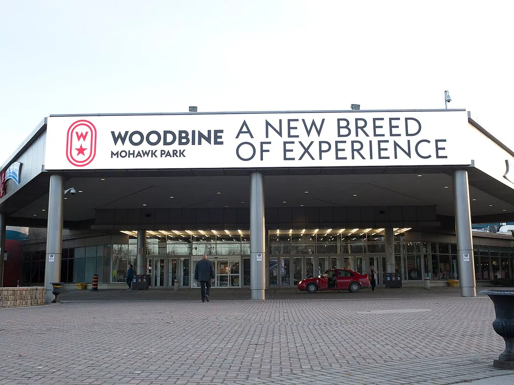 The main entrance canopy of Woodbine Mohawk Park in Campbellville, the racetrack that houses Elements Casino Mohawk