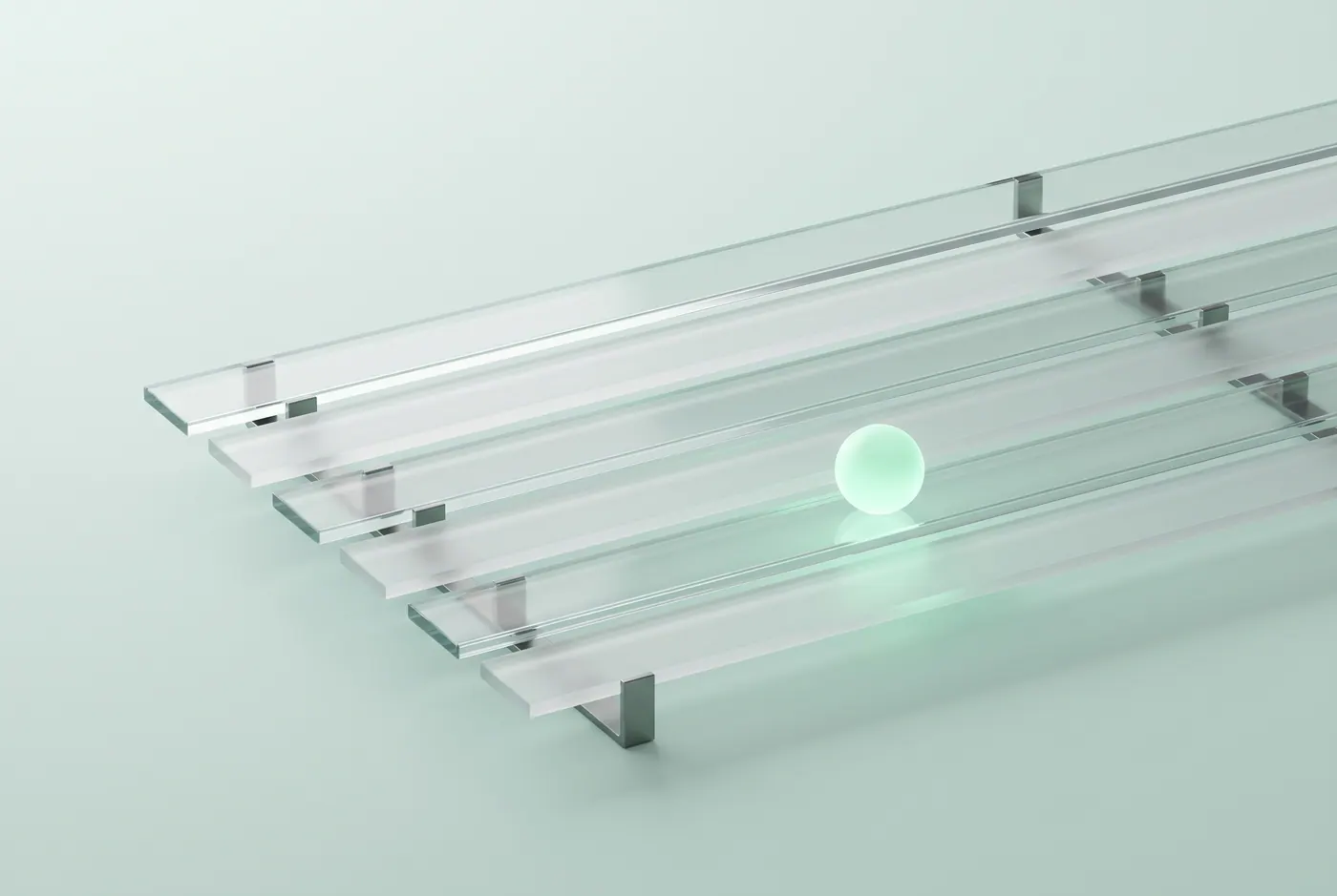 Parallel glass rails at stepped heights with one glowing mint bead resting on a rail, a 3D abstraction
